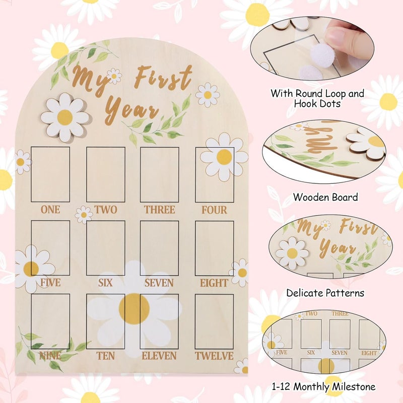 RANERVZ My First Year Photo Display Sign from 1-12 Months Wooden Daisy Flower Picture Frame for First Birthday Party Decorations Milestone Monthly Board for Girl One Birthday Nursery Decor Baby Keepsake Gift - Image 4